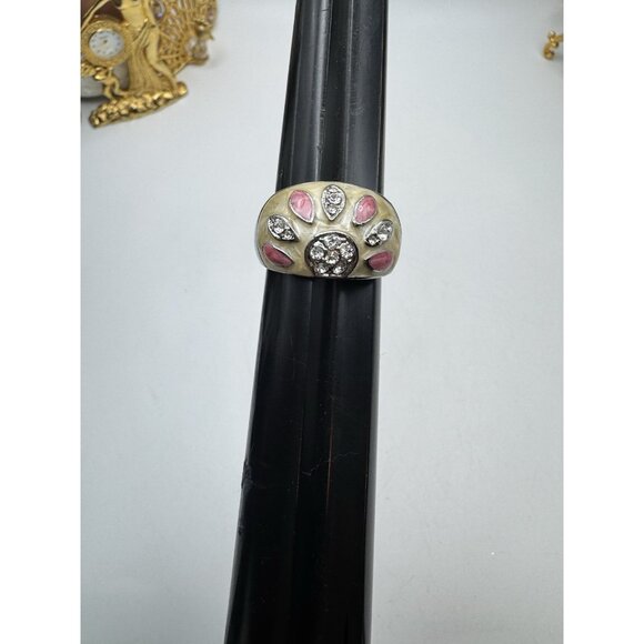 Pretty Costume Jewelry Ring Silver Tone And Enamel Whit Rhinestone  Ring Sz 10 - Picture 12 of 12